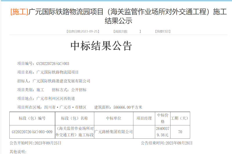 喜報:路橋集團成功中標廣元國際鐵路物流園項目(海關監管作業場所對外交通工程)